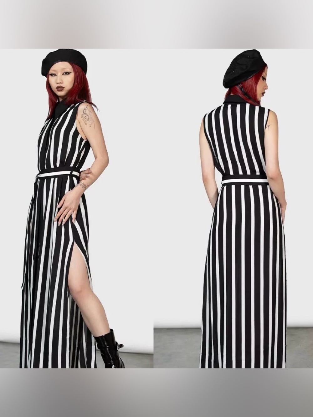 Killstar black and white collared striped maxi dress with tie waist